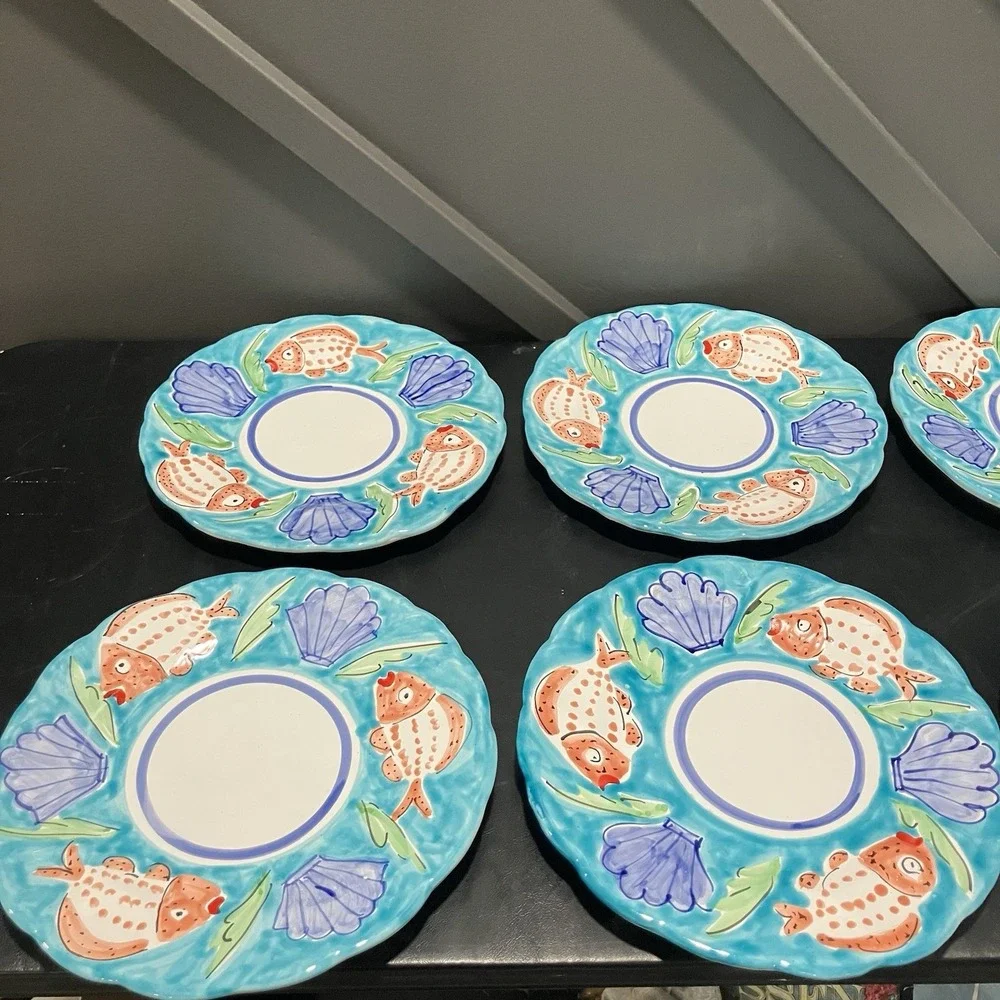 La Musa Italy Set of 7 Hand Painted Fish Seashell Ceramic Dinner Plates Coastal